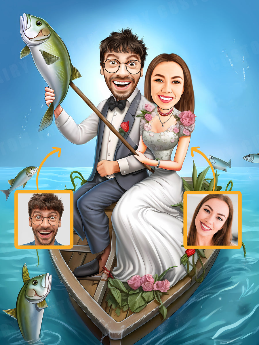 Personalized Caricature Gift of Fishing Married Couple – Custom Fairy