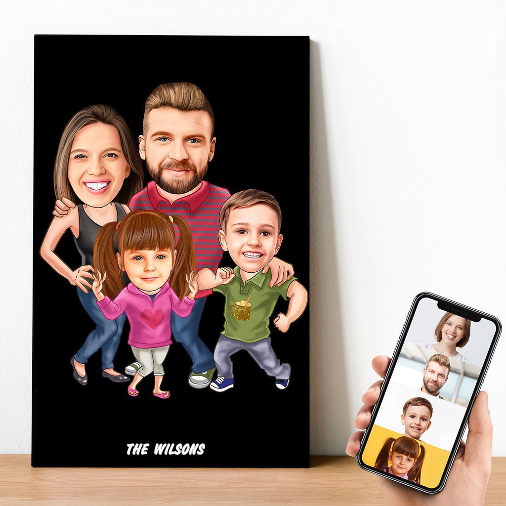 Personalized 4 people Family Cartoon Wooden Wall Art ( With 2 Children ) Wooden Wall Art Custom Fairy 