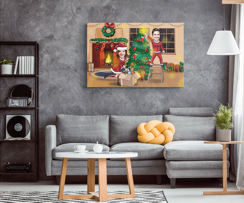 Personalized Cartoon Couple Christmas Tree Canvas Canvas Wall Art 2 teelaunch 