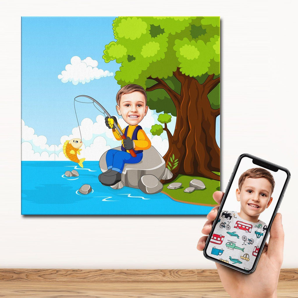 Personalized Cartoon Fishing Kid Canvas Canvas Wall Art 2 teelaunch 