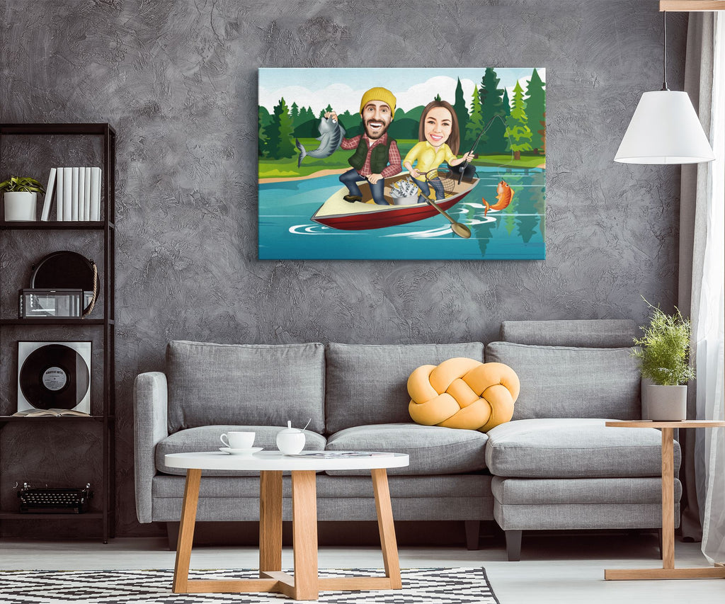 Personalized Cartoon Lake Fishing Couple Canvas Canvas Wall Art 2 teelaunch 