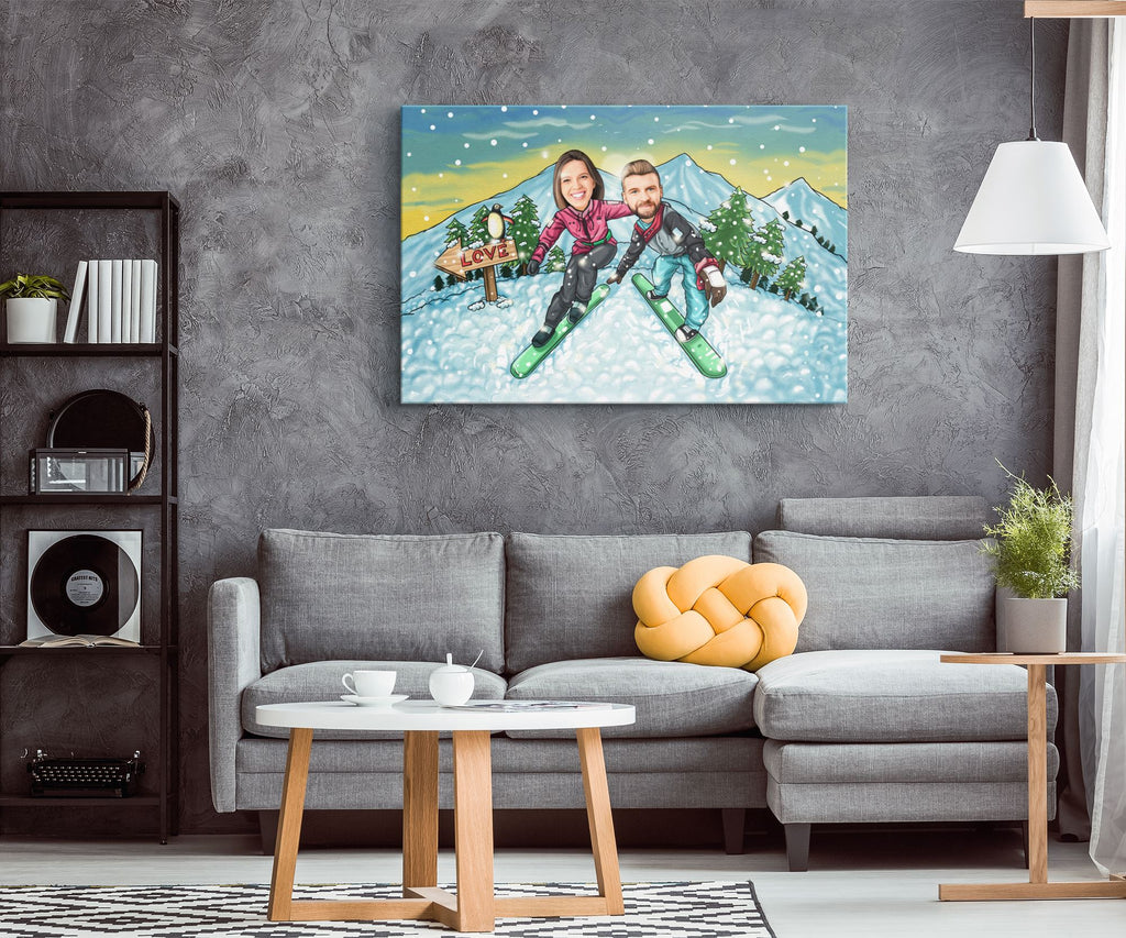 Personalized Cartoon Skiing Couple Canvas Canvas Wall Art 2 teelaunch 