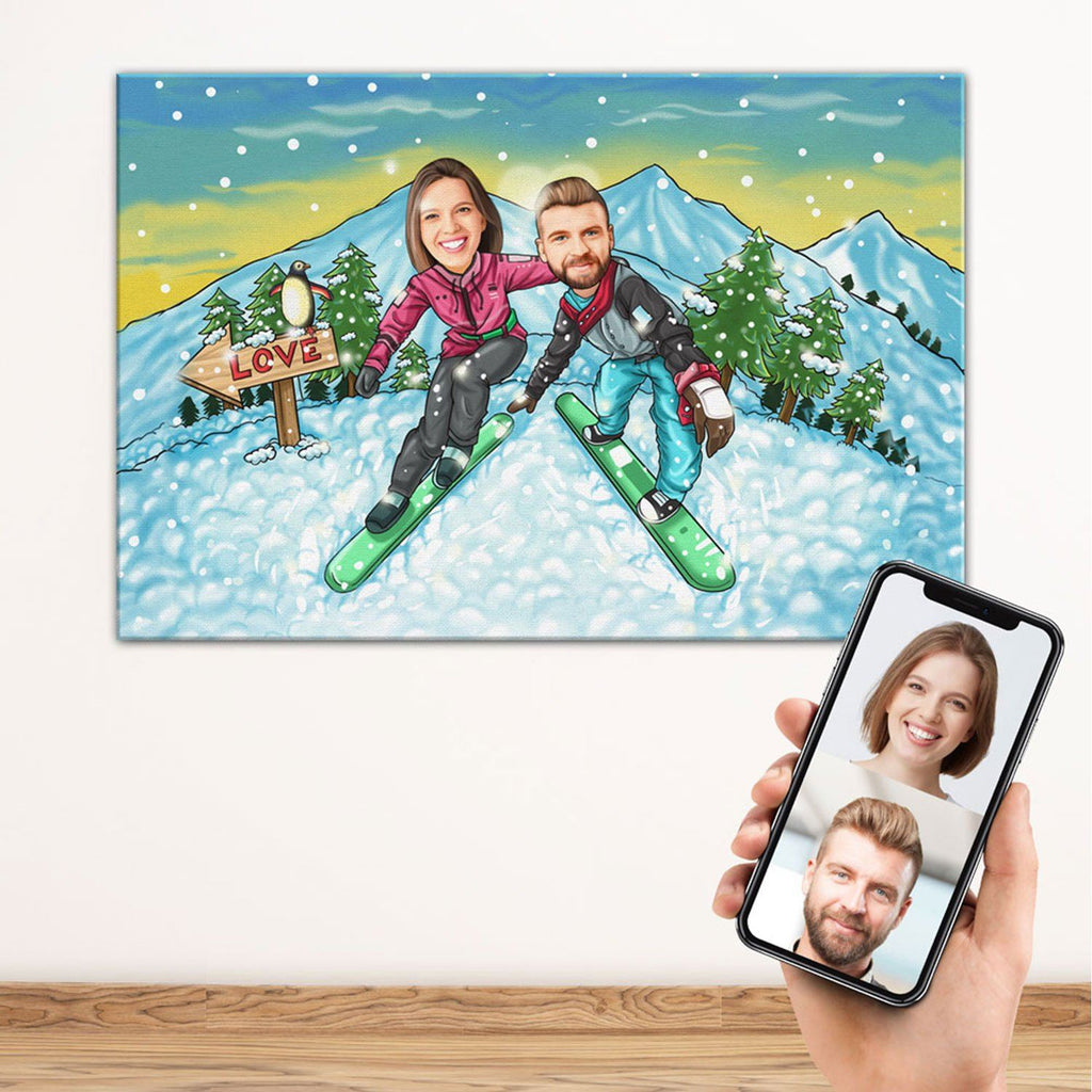 Personalized Cartoon Snow Boarding Couple Canvas Canvas Wall Art 2 teelaunch 
