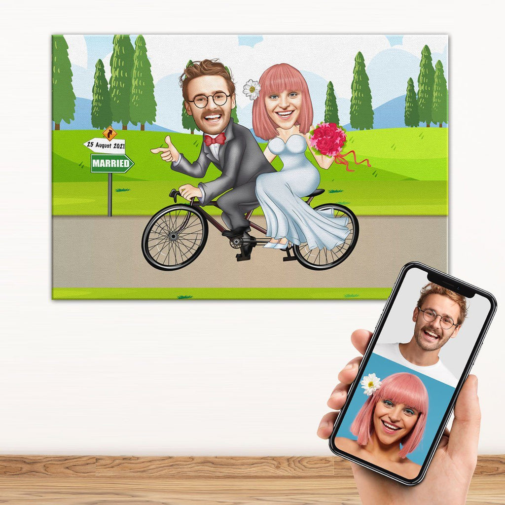 Personalized Cartoon Bicycle Married Couple Canvas Canvas Wall Art 2 teelaunch 