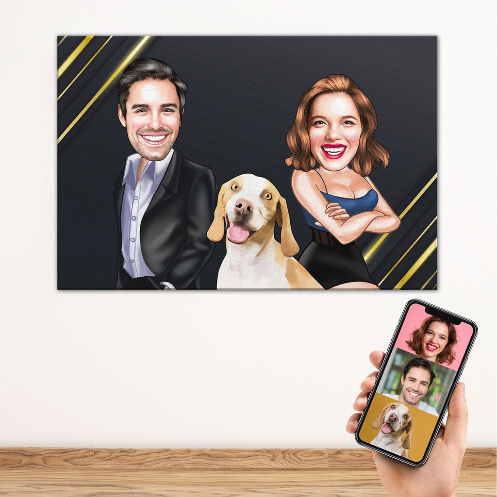 Personalized Cartoon Couple & Dog Canvas Black BG Canvas Wall Art 2 teelaunch 