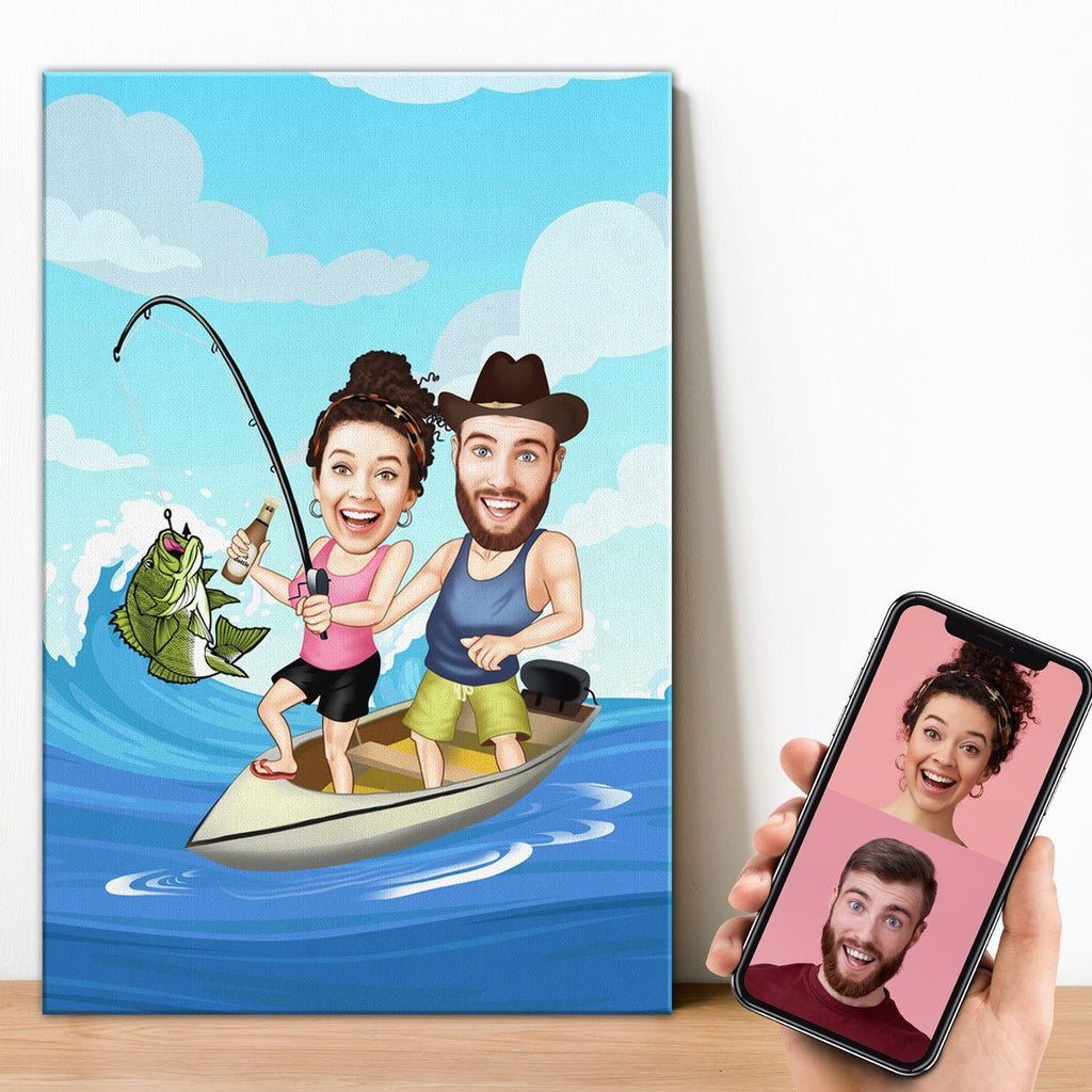 Personalized Cartoon Couple Fishing Canvas Canvas Wall Art 2 teelaunch 