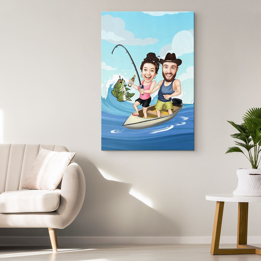 Personalized Cartoon Couple Fishing Canvas Canvas Wall Art 2 teelaunch 