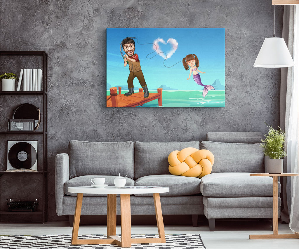 Personalized Cartoon Fisherman & Little Mermaid Canvas Canvas Wall Art 2 teelaunch 