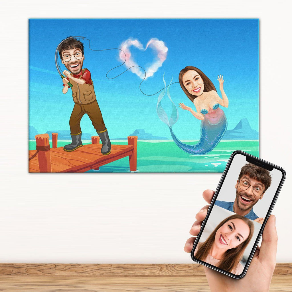 Personalized Cartoon Fisherman & Mermaid Canvas Canvas Wall Art 2 teelaunch 