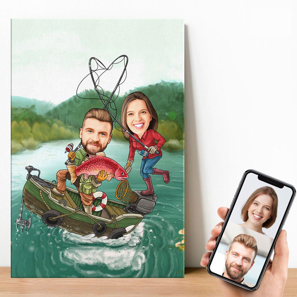 Personalized Cartoon Fishing Couple Canvas Canvas Wall Art 2 teelaunch 