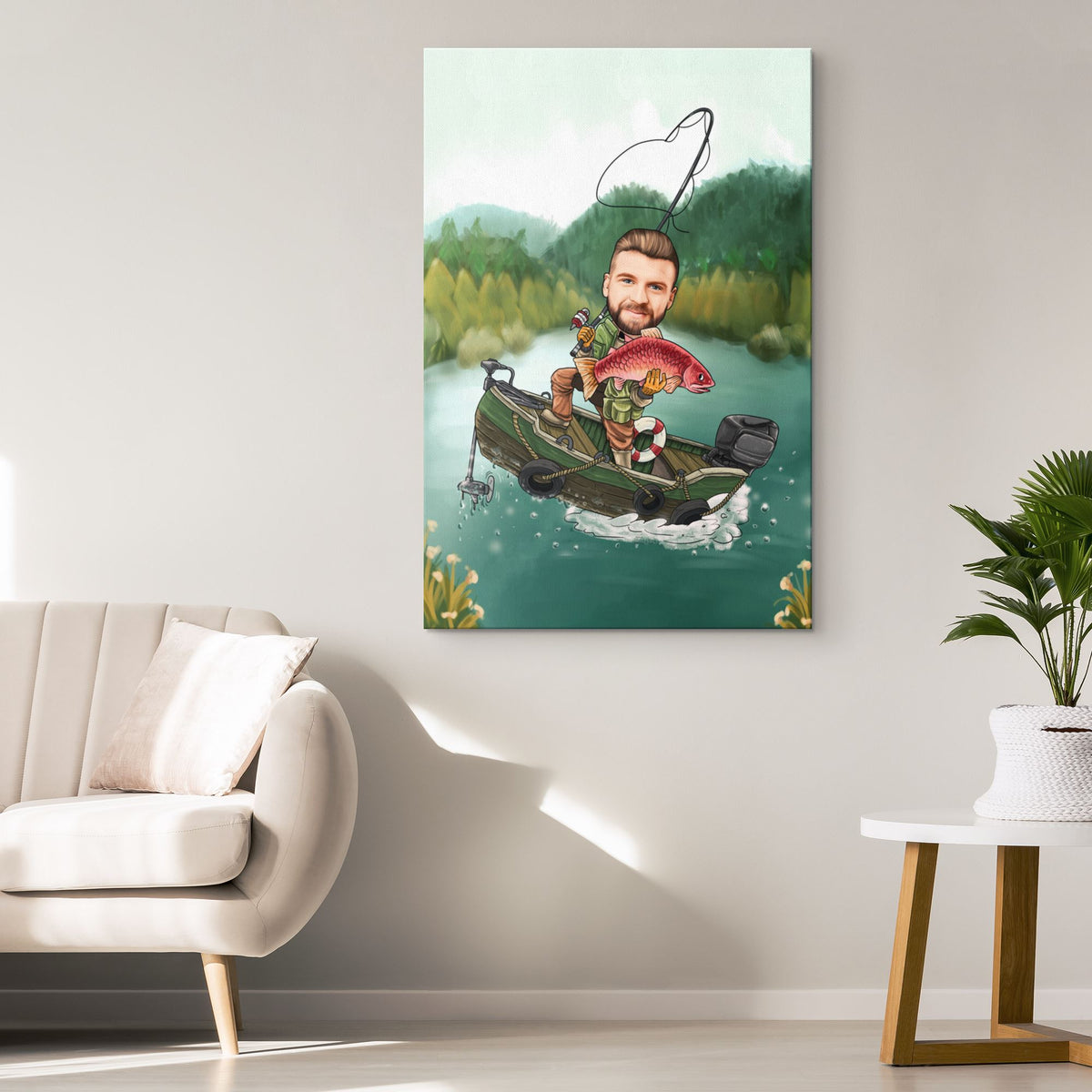 Personalized Cartoon Fishing Man Canvas