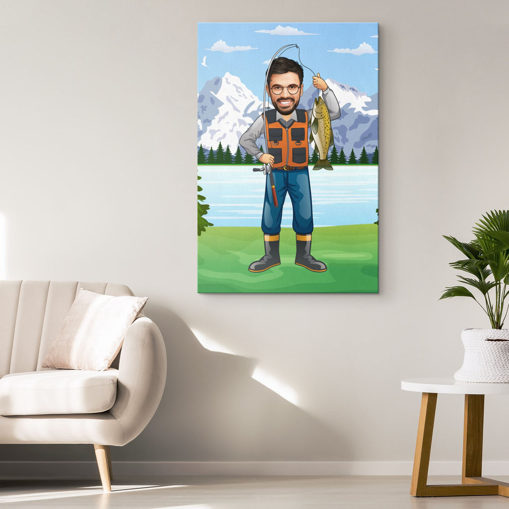 Personalized Cartoon Fishing Man with a Rod Canvas Canvas Wall Art 2 teelaunch 