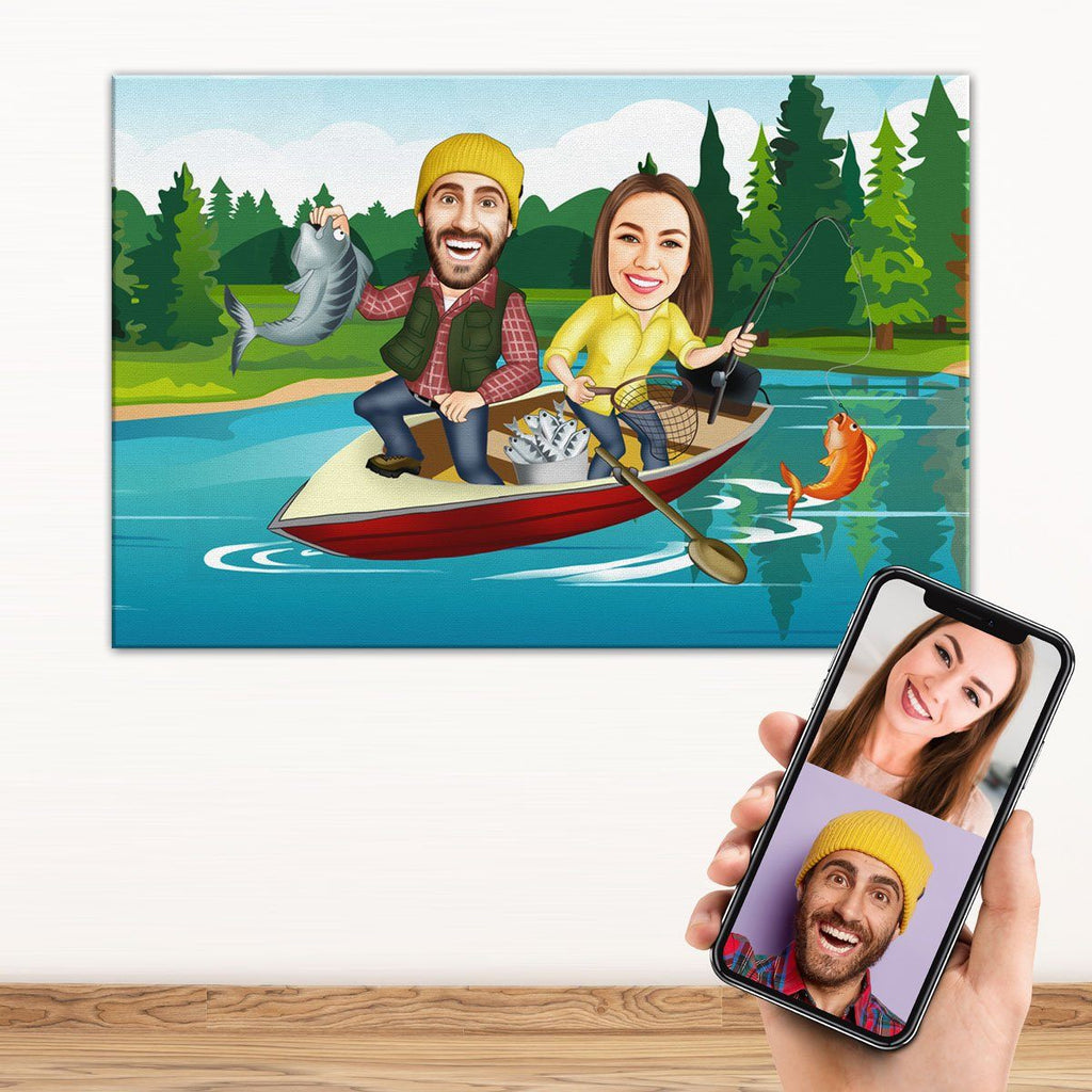 Personalized Cartoon Lake Fishing Couple Canvas Canvas Wall Art 2 teelaunch 